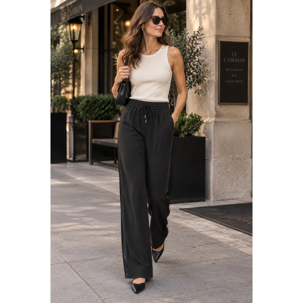 ATM Anthony Thomas Melillo Black Wide Leg Tuxedo Stripe Drawstring Pants S